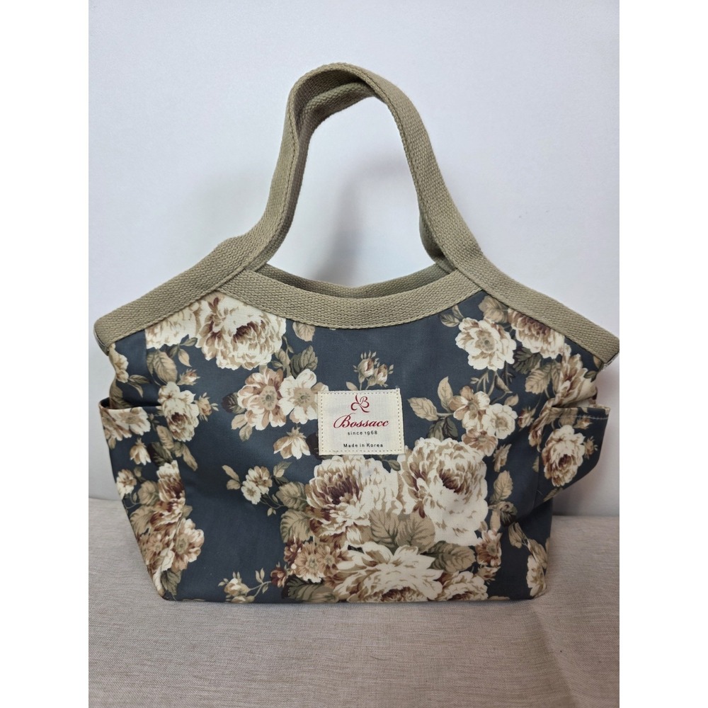 Bossace Shoulder Bag‎ Floral Blue And Tan Medium Korean Design